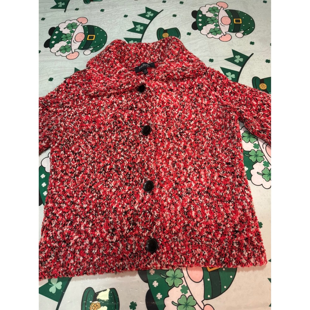 Evan-Picone Petite Red Boucle Knit Button Front Cardigan Sweater PM Womens
